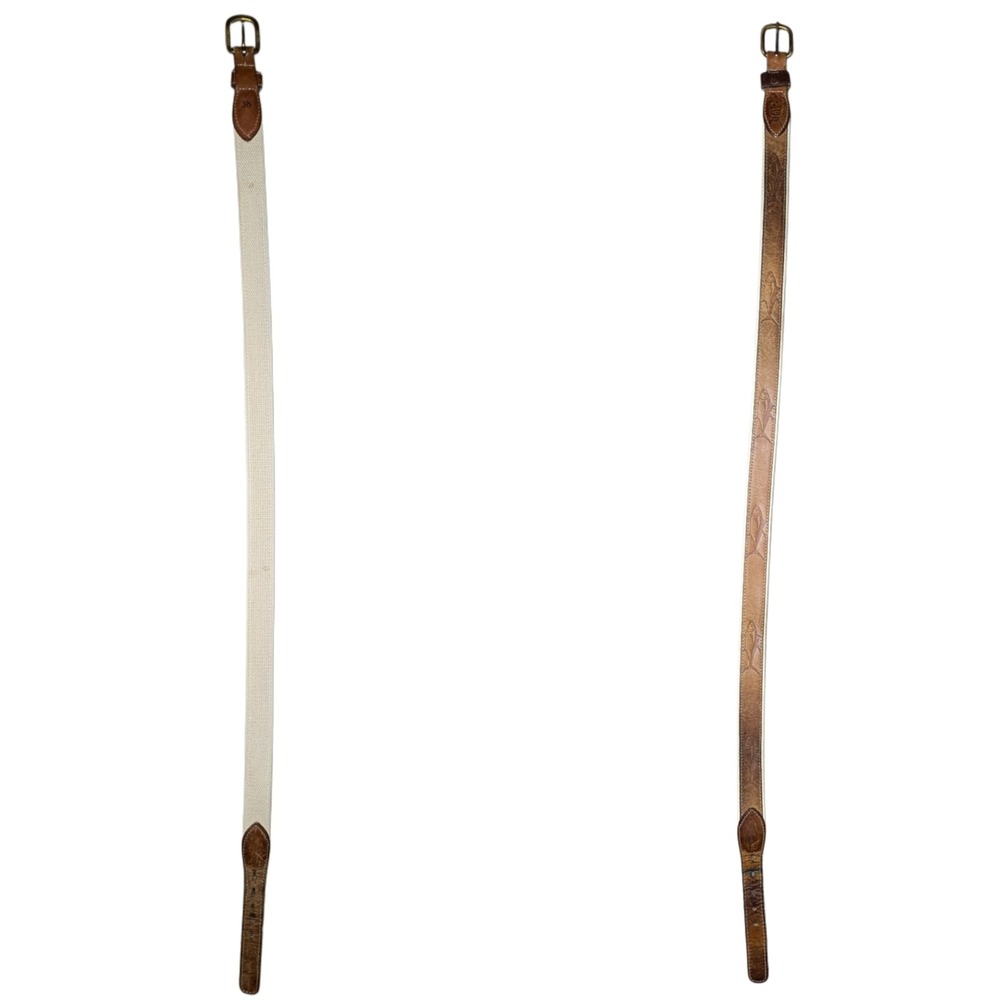 Reef Rider 38 Tan‎ Leather Canvas Braided Belt Embossed Fish